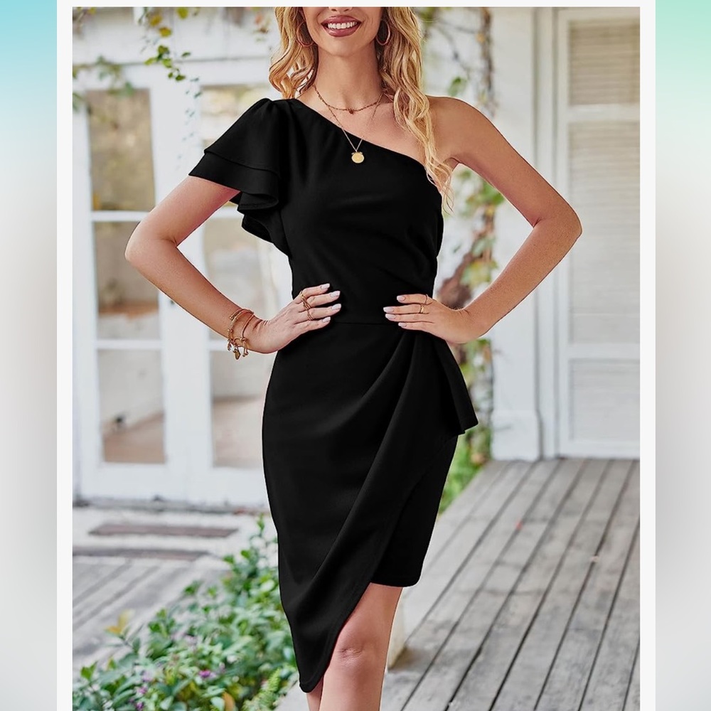BTFBM Elegant One Shoulder Cocktail Ruffle Sleeve Wrap Ruched Bodycon Dress